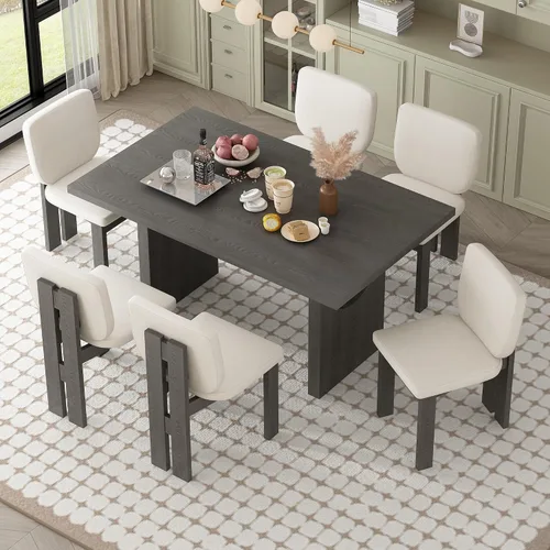 Miniatura 13 de Elegante juego de mesa de comedor de cocina de 6 piezas, mesa rectangular de madera y 4 sillas copetudas de respaldo alto y 1 banco, juego de mesa