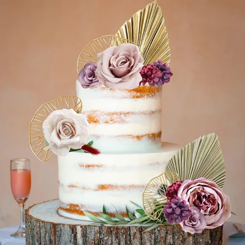 Miniatura 6 de 29 piezas de decoración de pastel de estilo bohemio con hojas de palma, flores rojas burdeos y bolas para pastel, suministros para bodas, baby Rojo