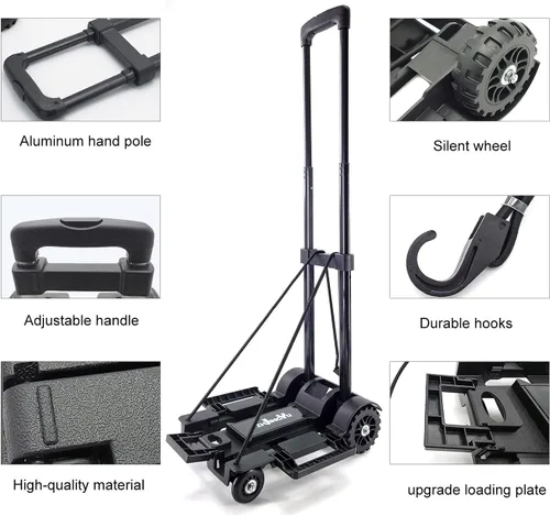 Miniatura 4 de Carretilla de Mano Plegable Pequeña, Carrito Utilitario Plegable con 4 Ruedas y 2 Cuerdas Elásticas, Carrito Plegable, Carretilla Mochila, Hierro
