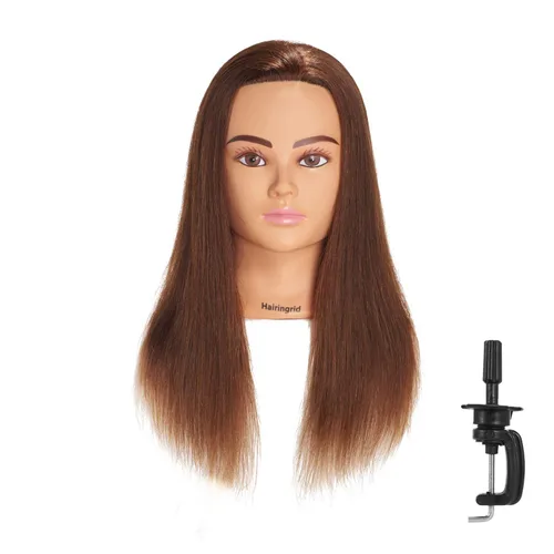 Hairingrid Cabeza de Maniquí 20"-22" 100% Cabello Humano Peluquería Cosmetología Maniquí Cabeza de Entrenamiento de Cabello y Soporte de Abrazadera