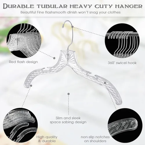 Miniatura 3 de Roowest 40 perchas de plástico transparente para ropa a granel de 17 pulgadas, duraderas con corte de cristal, perchas resistentes con clips