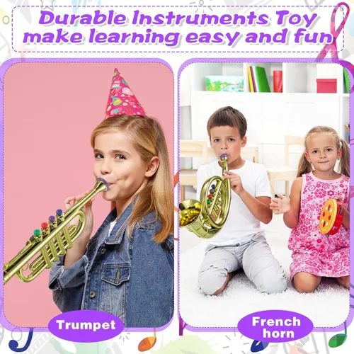 Miniatura 5 de Treela Juego de 4 instrumentos musicales para niños, clarinete de juguete saxofón, trompeta y trompeta para principiantes con más de 10 teclas