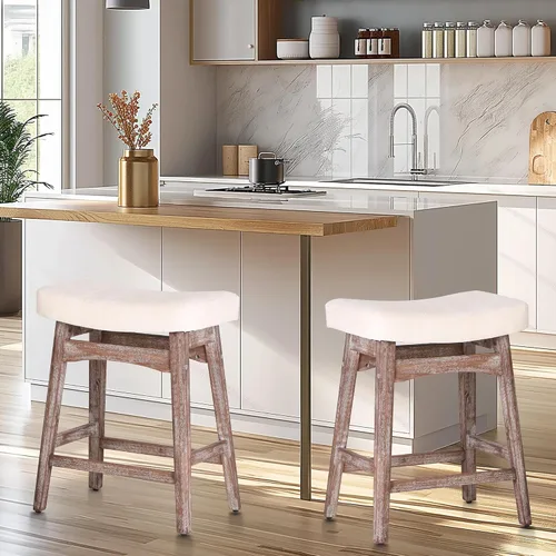 Miniatura 24 de Taburete de bar gris de madera maciza para encimera de cocina, taburete de bar con asiento de cuero sintético, taburete tapizado para isla de 34 a
