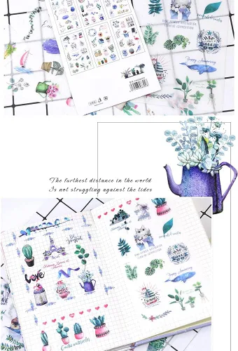 Miniatura 5 de Kawaii - Juego de calcomanías con diseño de plantas verdes y flores, paquete de calcomanías para álbumes de recortes, diario, diario, agenda