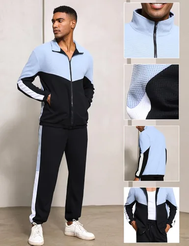 Miniatura 3 de Babioboa Chaqueta y pantalones de punto gofre para hombre, manga larga, con cremallera, contraste, entrenamiento, Varsity para correr, entrenamiento