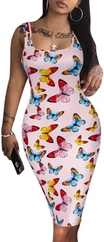 LAGSHIAN - Vestido bodycon sin mangas, sexy, sin mangas, vestido básico por debajo de la rodilla para club