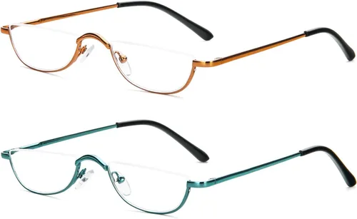 Miniatura 16 de Lentes de lectura de media lectura, 2 pares de lentes con marco de metal de medio borde, lectores de bisagra de resorte con bolsa de cuero para Azul
