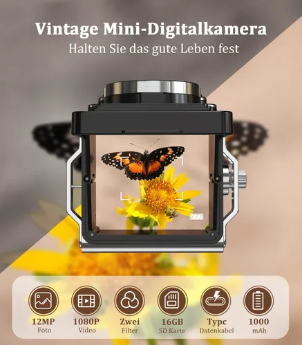 Miniatura 2 de Cámara digital retro de Chuzhao, cámara vintage portátil estilo TLR de doble lente, 12MP con enfoque automático, 1080P FHD, cámara de apuntar