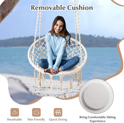 Miniatura 7 de Tangkula Silla hamaca con cojín, estilo bohemio de macramé con kit de accesorios para colgar y correa, columpio de cuerda colgante para interiores