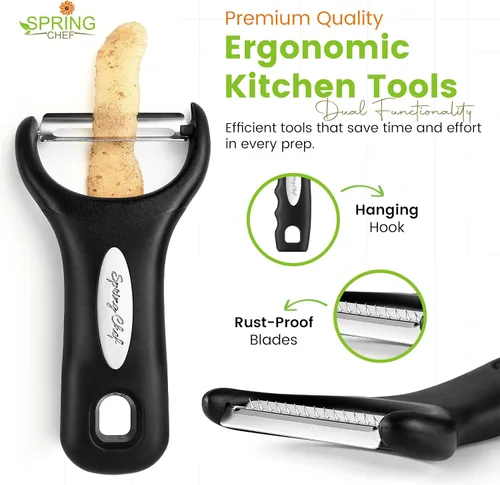 Miniatura 6 de Spring Chef Peladores de Verduras de Acero Inoxidable Giratorios, Y & Julienne para Cocina, Peladores de Papas con Mangos de Agarre Suave, Juego