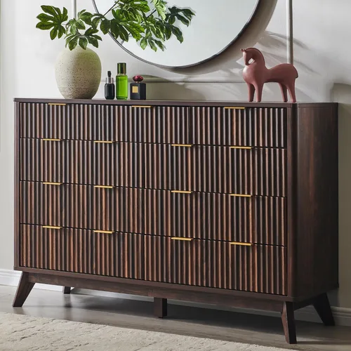 Miniatura 9 de T4TREAM Cómoda acanalada de 3 cajones, cómoda moderna de 32 pulgadas de alto, diseño de perfil curvo, organizador de cajones de madera para Aliso