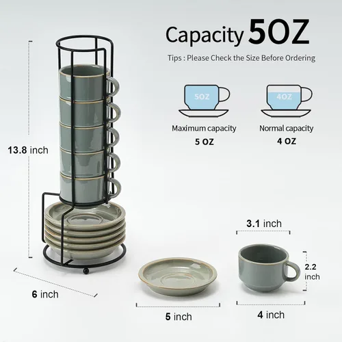 Miniatura 5 de JIEMEI HOME - Tazas apilables de porcelana para expreso con platillos y soporte de metal, tazas Demitasse de 4 onzas para café con leche, café moca