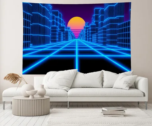Miniatura 4 de 15x10ft Cyber Landscape Backdrop Blue City Retro Futuristic 80's Neon Cyberpunk Laser Grid Sun Background Comic Game Punk Birthday Wedding Party