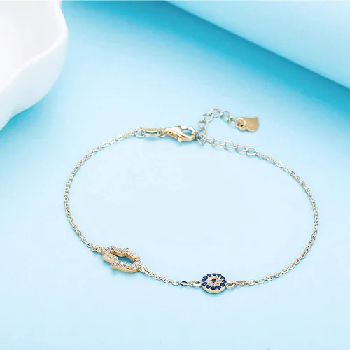 Miniatura 4 de Hamsa Hand of Fatima Evil Eye Bracelet Sterling Silver 925 Blue Cubic Zirconia Chain Adjustable 6.5"+1.5