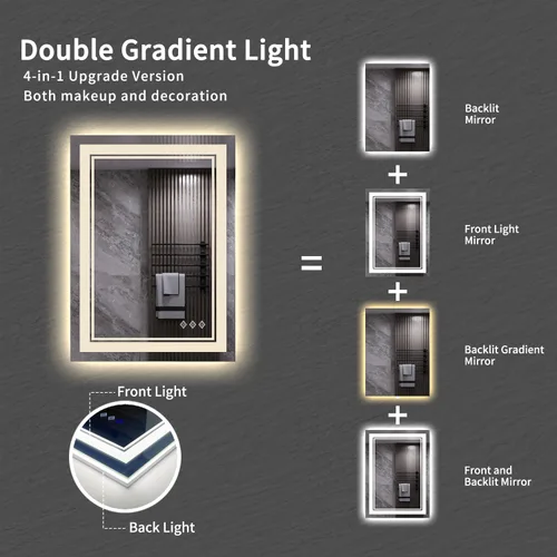 Miniatura 4 de Espejo LED, 20 x 28 pulgadas, gradiente frontal y retroiluminado LED, espejo de baño LED de 3 colores regulables CRI>90, IP54, espejo de baño