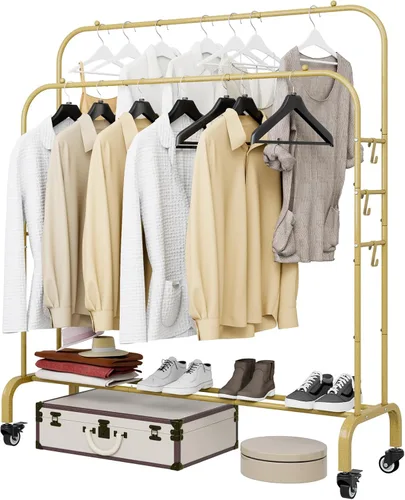 Miniatura 11 de SUOERNUO Perchero con ruedas para ropa, estante para colgar ropa resistente, estante metálico enrollable para dormitorio, armario (Negro)