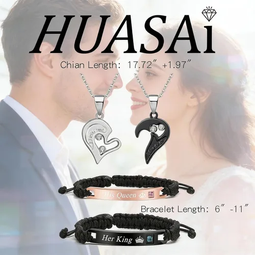 Miniatura 6 de HUASAI Juego de 4 collares de corazón para mujeres, parejas, collares, pulseras a juego para parejas, regalos de joyería, colgante, collar a juego