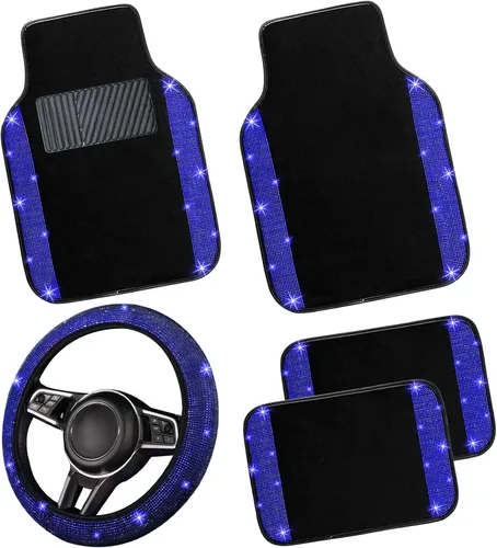 Miniatura 16 de NBTEPEM Juego completo de alfombrillas brillantes para piso de automóvil y funda para volante, ajuste universal para la mayoría de los automóviles