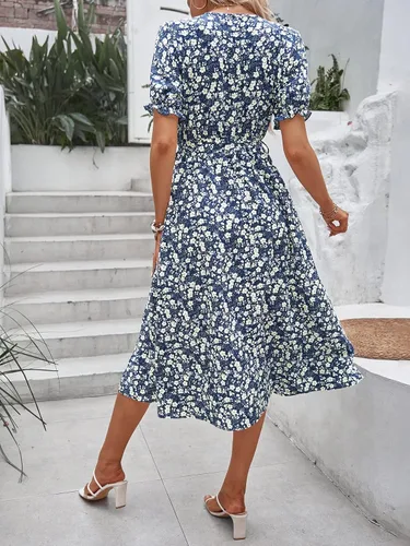 Miniatura 2 de MakeMeChic Vestido midi de verano con cuello en V y mangas abombadas florales para mujer con cinturón