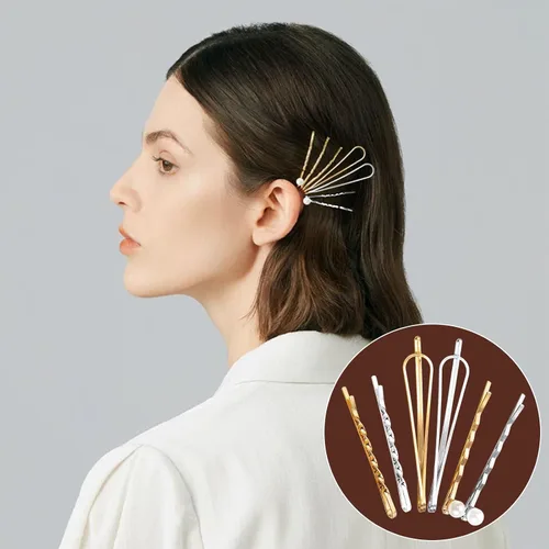 Miniatura 4 de 18 pinzas de pelo de metal geométrico dorado para mujeres y niñas, pinzas para el cabello de perlas preppy para novia, elegante juego de pasadores