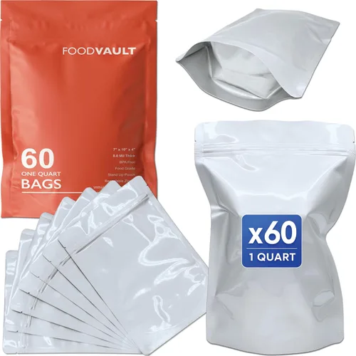 Bolsas de Mylar de 1 cuarto de galón, grosor total de 16 mil, bolsas de Mylar resellables de pie para almacenamiento de alimentos, liofilización