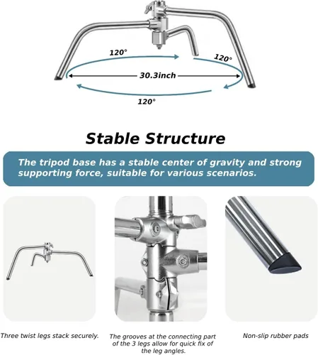 Miniatura 5 de Soporte en C resistente con brazo de pluma, soporte de luz de fotografía resistente de acero inoxidable, altura ajustable de 4.9 pies a 10.8 pies