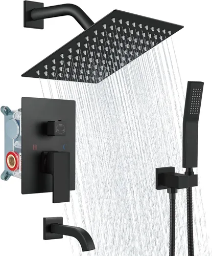 Aolemi Sistema de ducha tipo lluvia, juego combinado de cabezal de ducha con relleno de bañera, ducha de mano de lujo, válvula de montaje en pared,