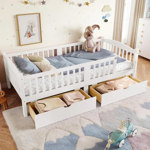 Miniatura 8 de Bellemave Estructura de cama tamaño completo con barandillas de protección y cajones de almacenamiento, camas infantiles de madera estilo Montessori