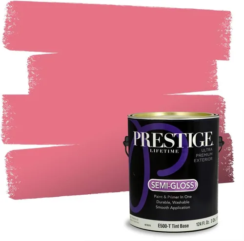 Miniatura 147 de Prestige Paints E100-T-SW6591 Pintura exterior e imprimación en uno, 1 galón, plano, combinación comparable de Sherwin Williams Amaryllis, 1 galón