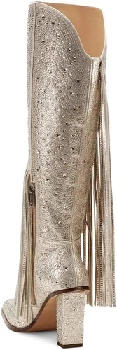 Miniatura 4 de CKSNDLF Botas con borlas y diamantes de imitación para mujer, punta cuadrada, tacón grueso, botas altas hasta la rodilla