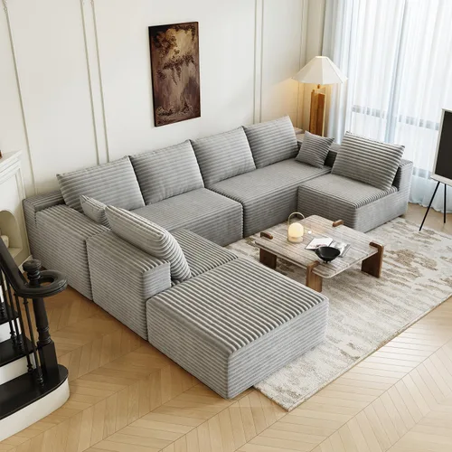 Miniatura 12 de Sofá seccional modular de 139.4", sofás minimalistas en forma de U con 2 otomanas chaise, sofá cama convertible moderno de asiento profundo, tela