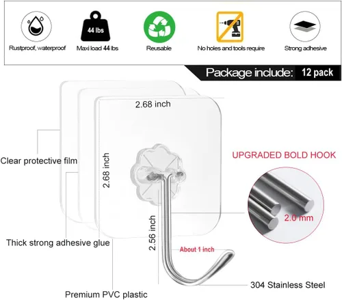 Miniatura 3 de ZESLMG Ganchos de pared adhesivos que no dañan para colgar, paquete de 12 ganchos grandes autoadhesivos resistentes de 44 libras extraíbles, gancho