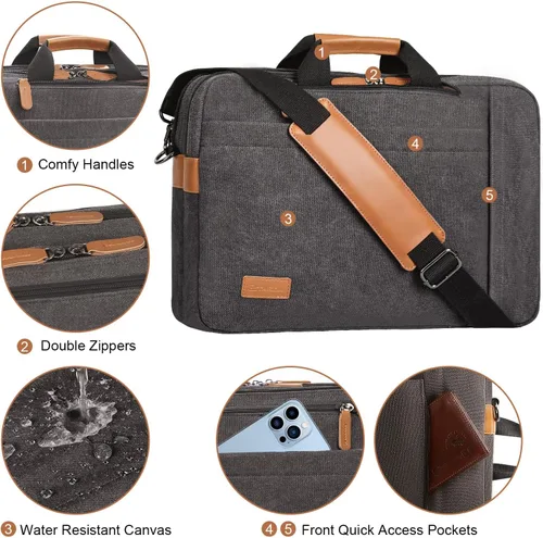 Miniatura 4 de ESTARER Bolsa de computadora portátil para hombres 3 en 1, bolsa de mensajero para portátil de 17-17.3 pulgadas para negocios, trabajo, viajes
