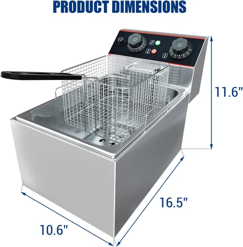 Miniatura 2 de Freidora eléctrica comercial de 6 L (6.5 cuartos de galón) con 1 cesta, freidora de acero inoxidable de 1500 W para uso doméstico, temperatura
