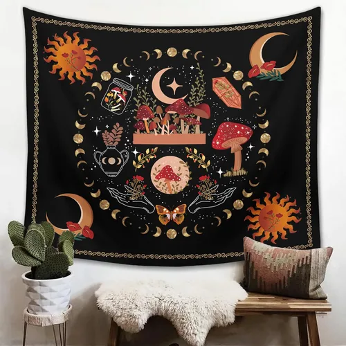 Miniatura 4 de Ftuency Tapiz de hongos y plantas naturales, tapices de fase lunar, decoración de flores estéticas para colgar en la pared para dormitorio, hogar