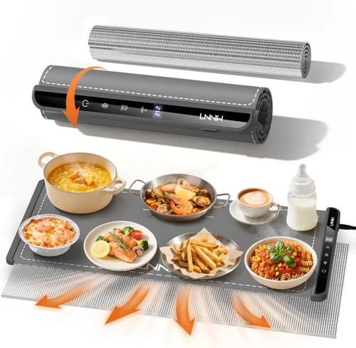Miniatura 13 de Alfombrilla de calentamiento para alimentos, 6 ajustes de temperatura y 6 temporizadores, platos para bufé, reuniones, fiestas, uso diario Blanco
