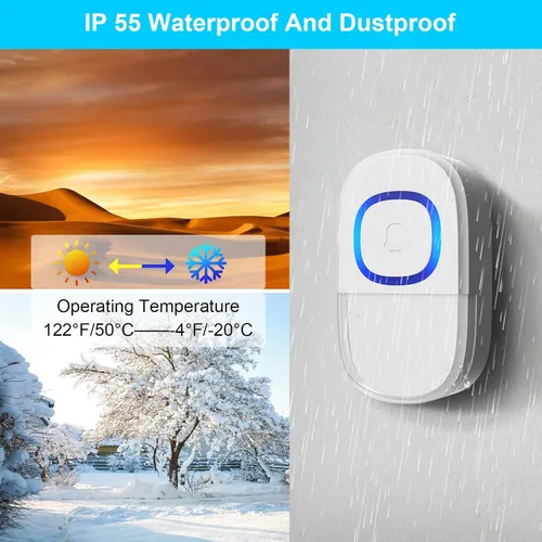 Miniatura 5 de Kit de timbre inalámbrico para el hogar, 5 niveles de volumen con 32 campanillas, timbre de puerta impermeable de rango de 300 pies, flash LED