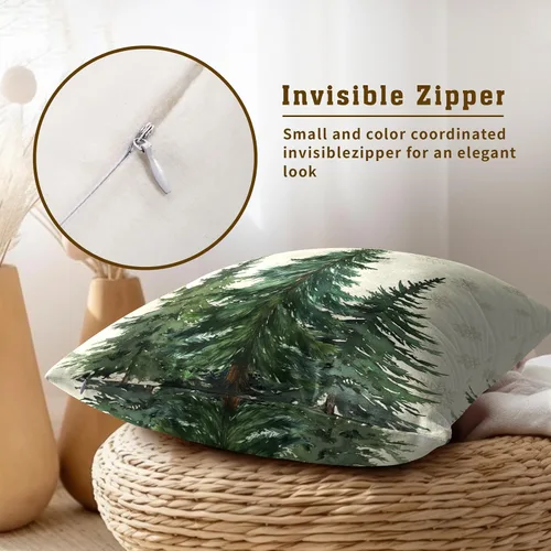 Miniatura 3 de Fundas de Almohada de Bosque de Pinos 22x22 Juego de 2, Fundas de Almohada Decorativas de Árboles de Abeto y Cedro Verde Nieve Beige de Invierno