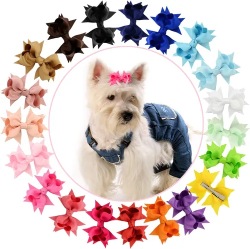 Miniatura 2 de YOY 20 adorables lazos para el pelo de perro con clips y 1000 bandas de goma y 1 peine de acero para peluquería, nudo superior de cachorro, moño