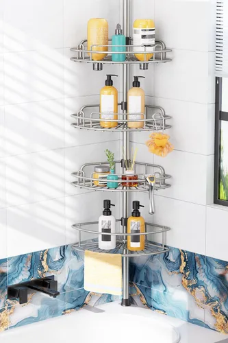 Miniatura 8 de HAMITOR Poste de tensión para regadera: organizador de estante de esquina de baño a prueba de óxido de 4 niveles para inquilinos, estante grande