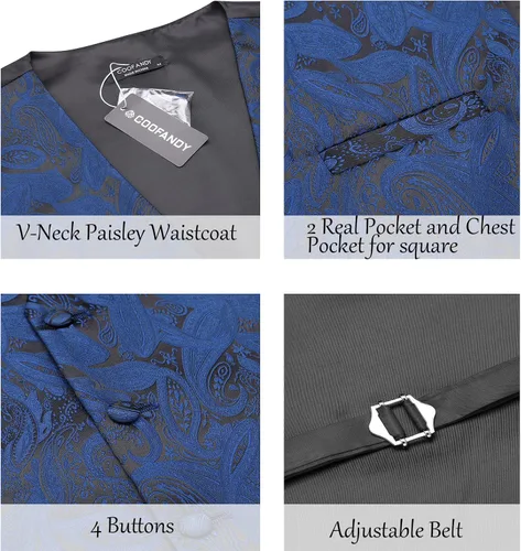 Miniatura 3 de COOFANDY Conjunto de chaleco de cachemira para hombre, 3 piezas, chaleco formal, chaleco de esmoquin con bolsillo cuadrado