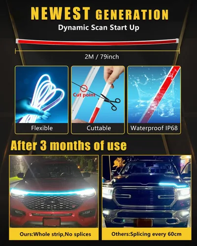 Miniatura 2 de Tira de luces de señal de giro secuencial con escaneo dinámico, luces LED de capó flexibles, DRL, luz de circulación diurna para coche, camión, SUV