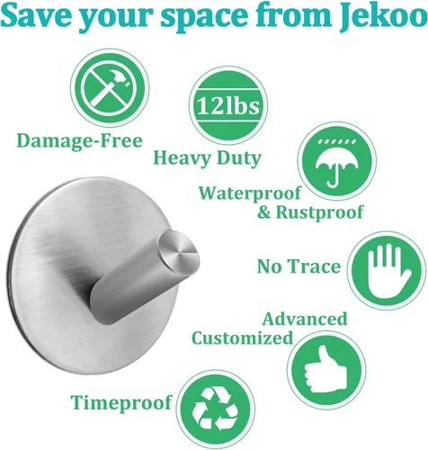Miniatura 3 de Jekoo Ganchos adhesivos, ganchos para toallas, gancho de pared resistente para colgar con acero inoxidable SUS304 para ducha, baño, cocina, oficina