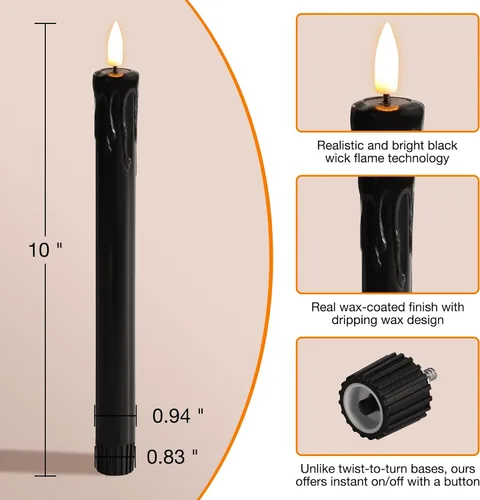 Miniatura 2 de Eywamage Velas cónicas sin llama de cera negra con control remoto, velas LED parpadeantes de cera que funcionan con pilas, juego de 6