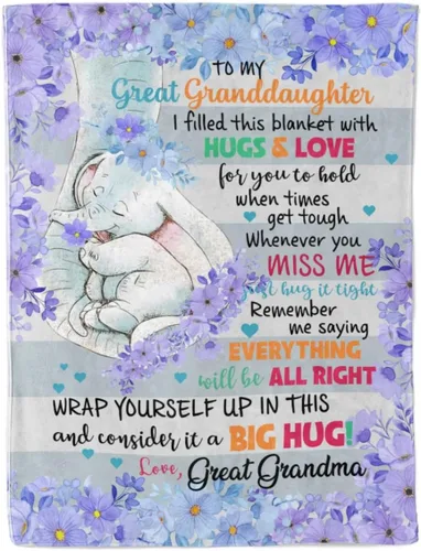 Manta personalizada con texto en inglés «To My Great Granddaughter – Abrazos y amor – Manta de elefante y floral – Regalo para nieta de parte de la