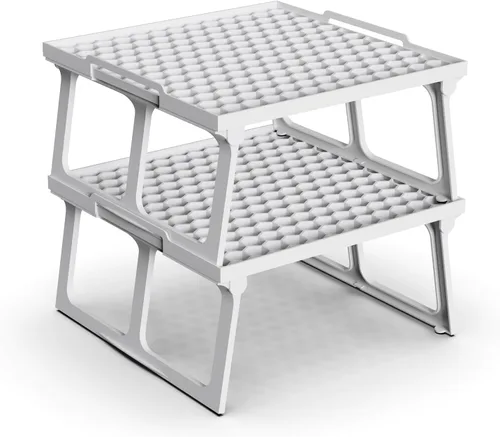 Miniatura 8 de ums Organizador de estante de plástico para armario de cocina, estante apilable de plástico blanco, estante elevador de estante, estante