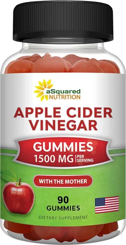 aSquared Nutrition Gomitas de vinagre de sidra de manzana - 1500mg con la madre - 90 gomitas ACV con vitamina B6 y B12, ácido fólico - Suplemento de