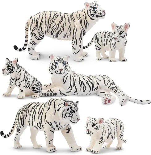 Toymany 6 figuras realistas de tigres blancos con cachorros de tigre, figuras familiares de animales de la selva de 2 a 6 pulgadas, incluye tigres