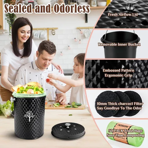Miniatura 5 de AOSION Contenedor de compostaje para encimera de cocina, contenedor de compostaje interior inodoro con tapa y paquete de 50 bolsas de compost