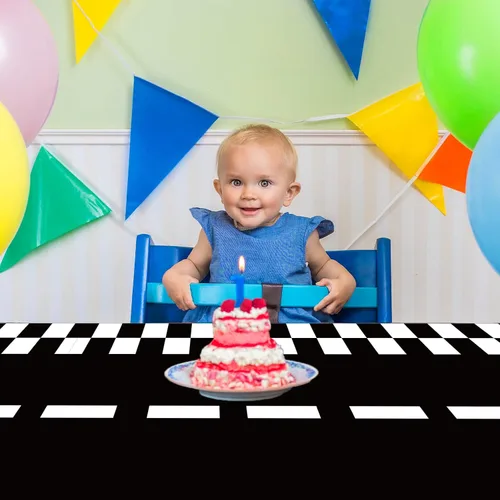 Miniatura 8 de Mantel de plástico de 3 piezas con dos decoraciones de cumpleaños rápido, con bandera a cuadros, funda de mesa desechable para niños